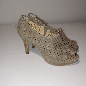 PAUL GREEN Perforated Leather Peep Toe Platform Heels Sz 9 Metallic Bronze Taupe